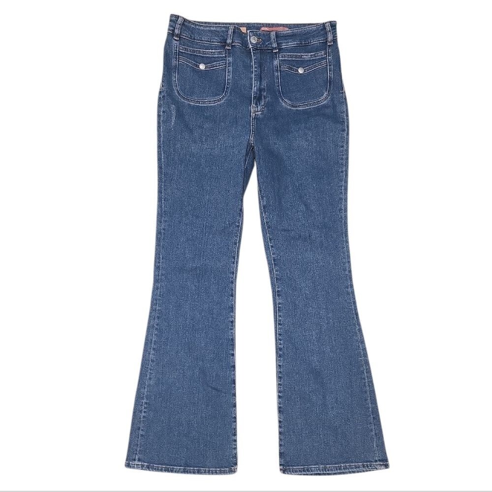 Anthropologie Pilcro The Icon Flare Jeans Front Patch Pockets Rowan Wash Size 30